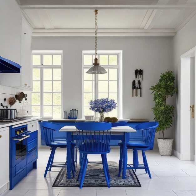 Photo a kitchen with blue chairs and a table with a white tablecloth.