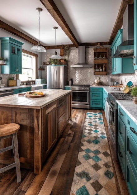 Кухня с синим кухонным островом и плитой из нержавеющей стали.