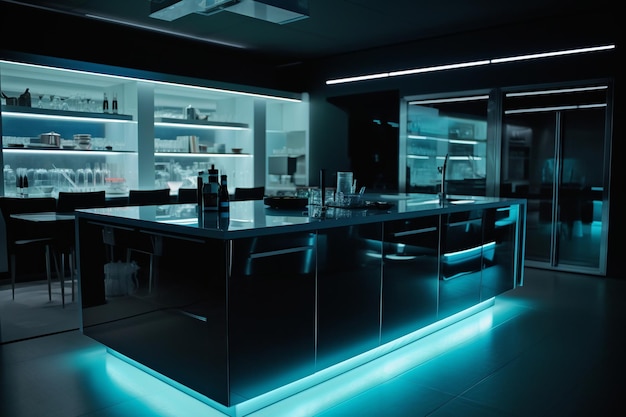 A kitchen with a blue light that is lit up with a blue light.