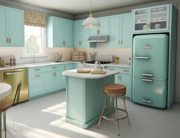 A kitchen with a blue refrigerator and a yellow stool.