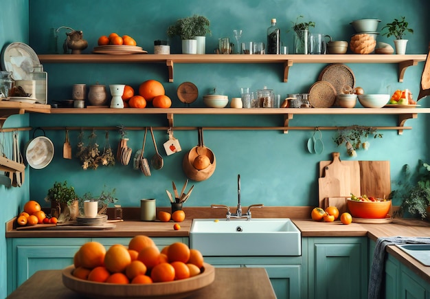 A kitchen with blue walls and wooden shelves filled with objects