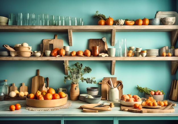 Кухня с голубыми стенами и деревянными полками, заполненными предметами