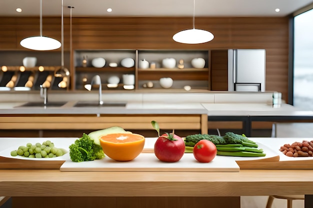 まな板の上に野菜や果物が入ったボウルのあるキッチン。
