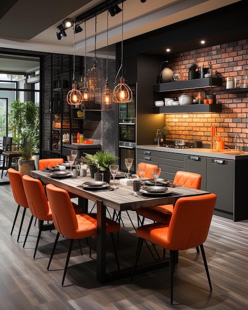 a kitchen with a brick fireplace and a brick fireplace