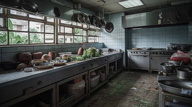 Photo a kitchen with a bunch of pots and pans on the counter and a sign that says 