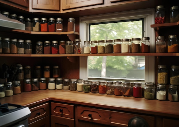 A kitchen with cabinets featuring a builtin spice rack