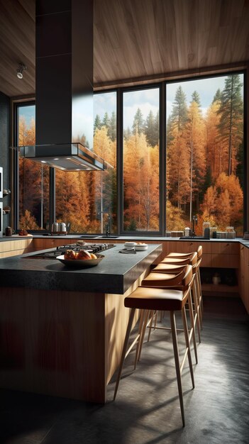 Кухня с центральным островом и большим окном. AI-генеративное изображение. Дом в Норвегии.