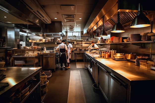 A kitchen with a chef's table and a man in a white apron