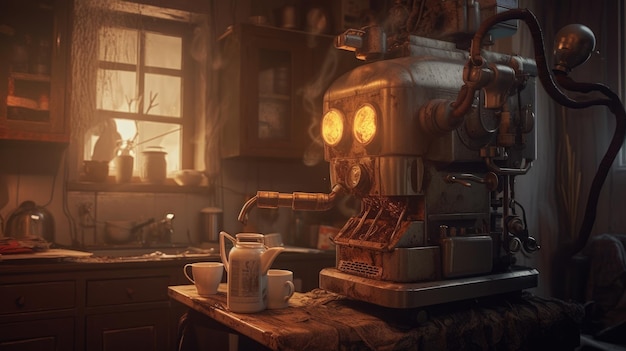 A kitchen with a coffee machine and a window that says'call of cthulhu '