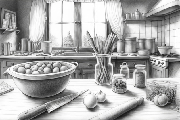 Photo kitchen with cooking utensils and food supplies in pencil drawing