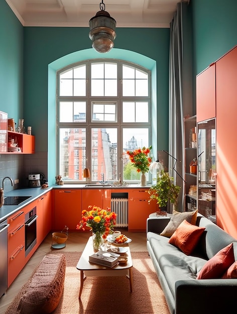 A kitchen with a couch and a table with flowers on it