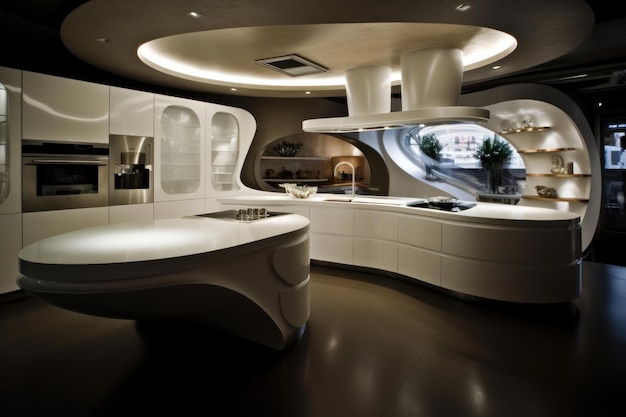 A kitchen with a curved ceiling and a white counter with a large white object on it.