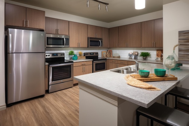 Kitchen with energyefficient appliances led lighting and solar panels created with generative ai