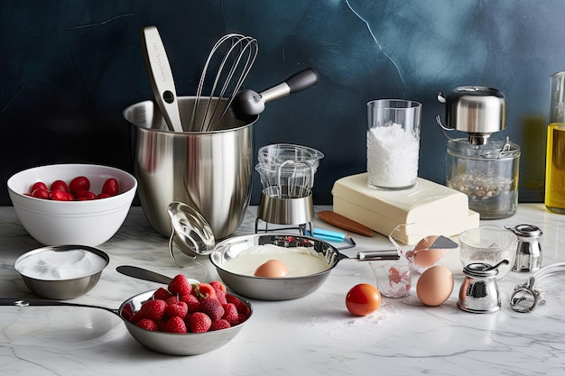 Kitchen with essential tools ingredients and instructions for delectable desserts created with gener