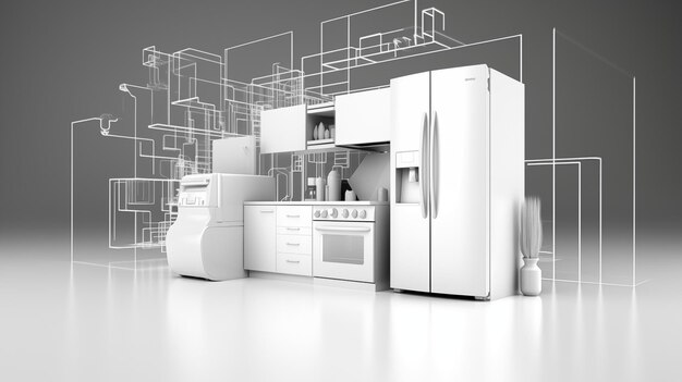 a kitchen with a fridge and a fridge with the word  kitchen  on the bottom