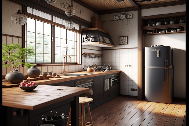 A kitchen with a fridge and a table with a sign