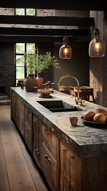 a kitchen with a granite counter top and a bowl of fruit on the counter