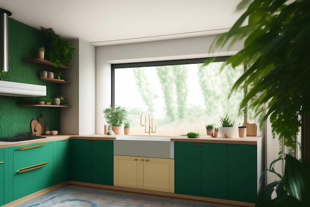 A kitchen with a green cabinet and a window that says'the number 4'on it