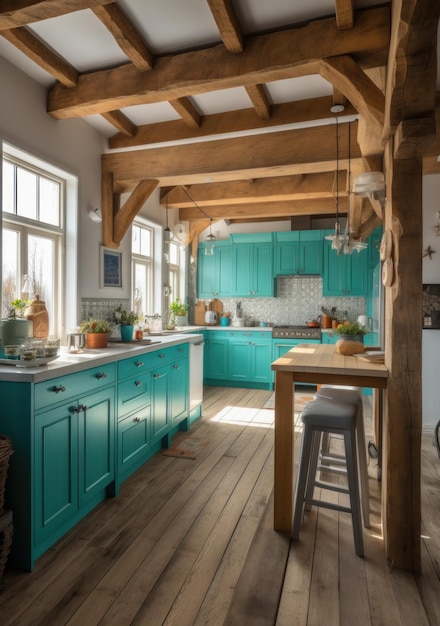 A kitchen with a green cabinetry and a wooden beam.