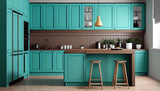 A kitchen with a green cabinetry and a wooden stools