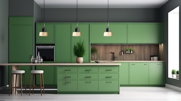 A kitchen with green cabinets and a white countertop.