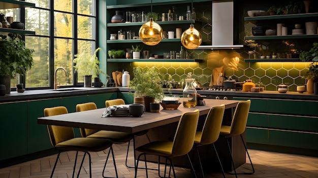 кухня с зелеными шкафами и желтыми стульями голливудский гламурный интерьер кухня с лесным зеленым