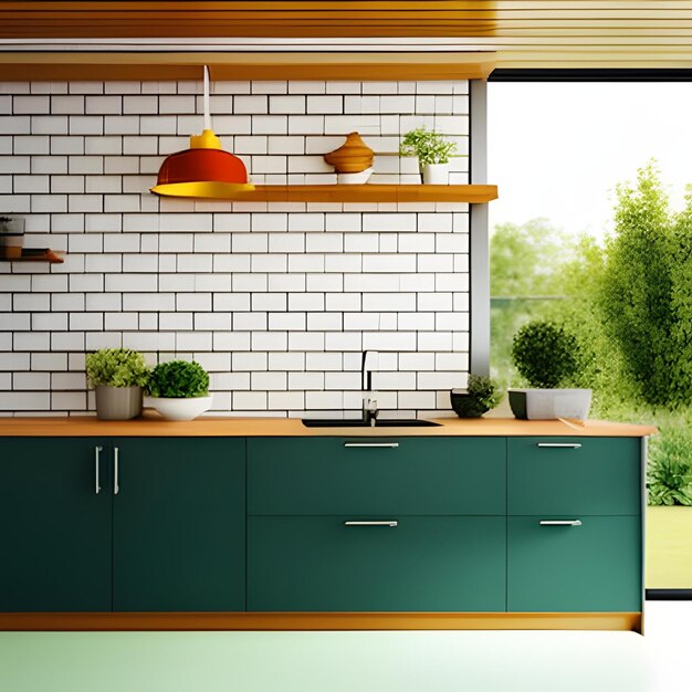 A kitchen with a green counter and a white brick wall.