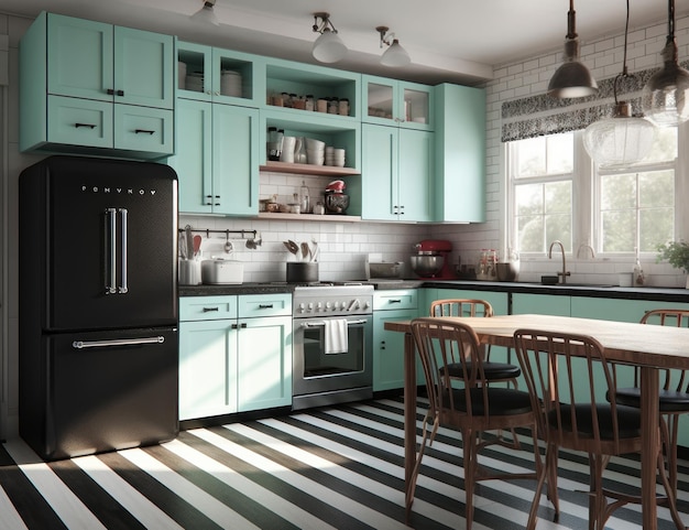 A kitchen with a green fridge and a table with chairs