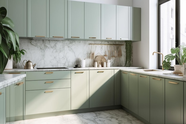 A kitchen with a green kitchen cabinet with gold handles and a white marble countertop.