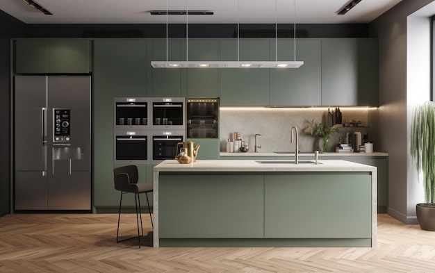 A kitchen with a green kitchen island and a refrigerator.