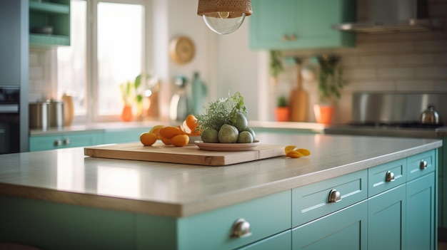 A kitchen with a green kitchen island with a bowl of vegetables on it.