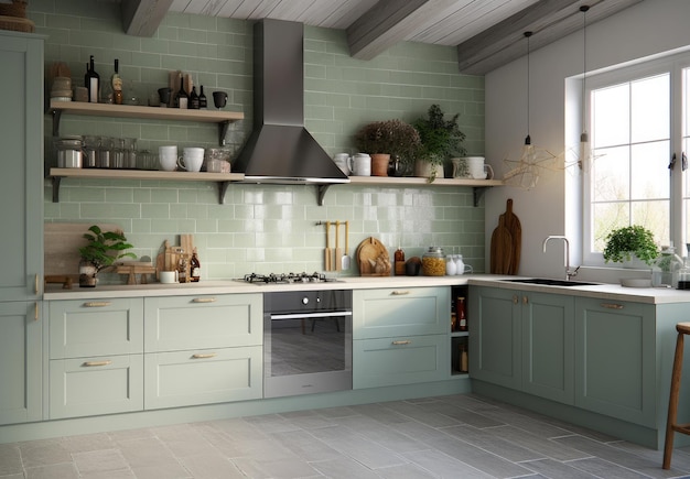 A kitchen with a green kitchen with a white stove and a white stove.