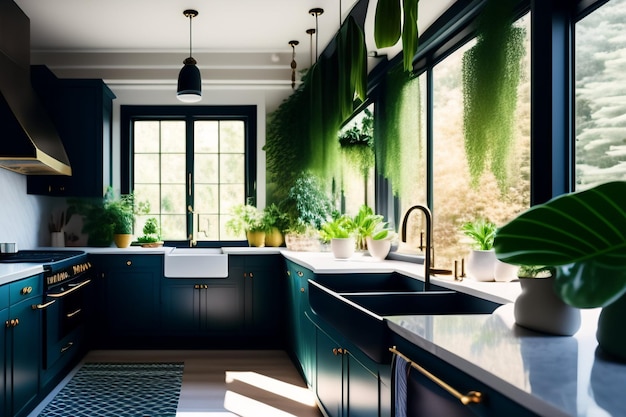'그린 키친'이라고 적힌 창문이 있는 초록 주방이 돋보이는 주방