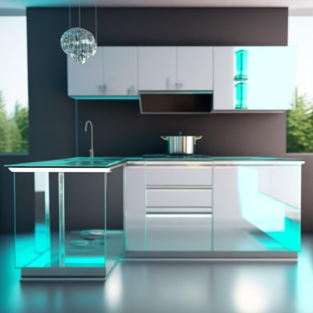 A kitchen with a green light that is on a wall