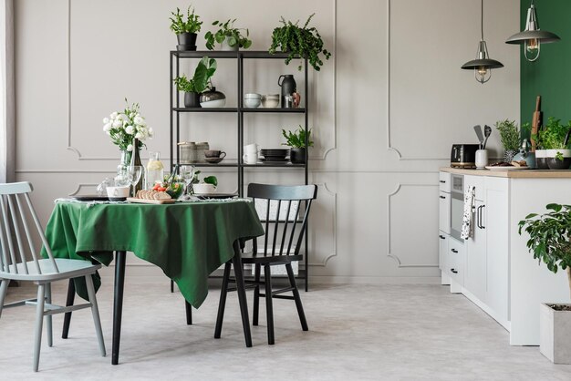 A kitchen with a green tablecloth and a black and white stove