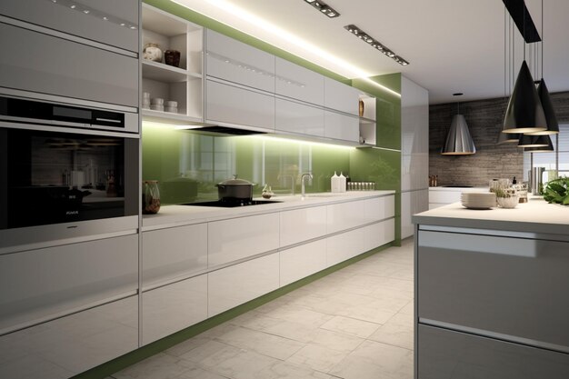 A kitchen with a green tile wall and a white kitchen with a white stove and a black oven.