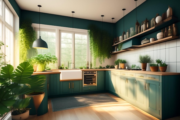 A kitchen with a green wall and a plant on the wall.