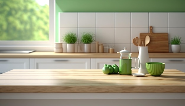 A kitchen with green and white walls and a wooden countertop with a green and white kitchen items.