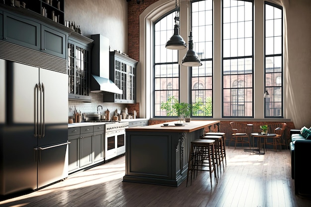 Kitchen with high ceiling and windows in empty loft apartment