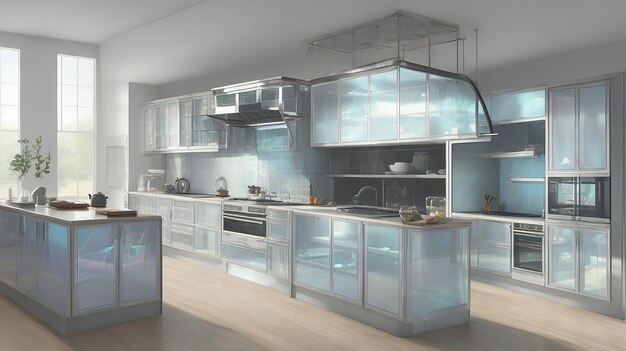 A kitchen with a holographic recipe display