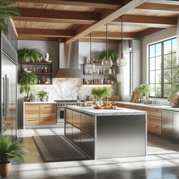 a kitchen with a kitchen island and a plant on the counter