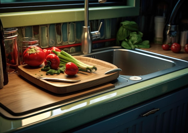 A kitchen with a kitchen sink with a builtin cutting board