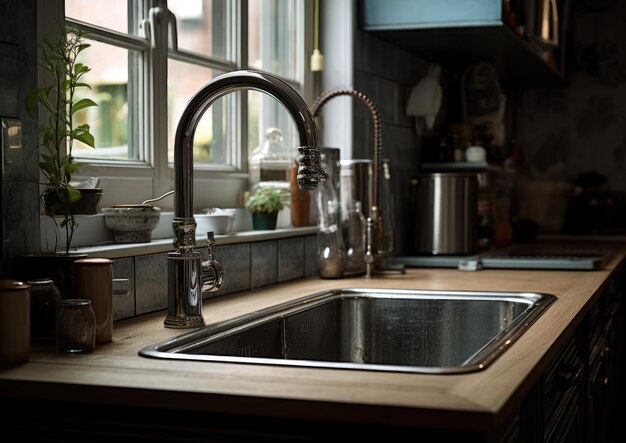 A kitchen with a kitchen sink with a potfiller faucet