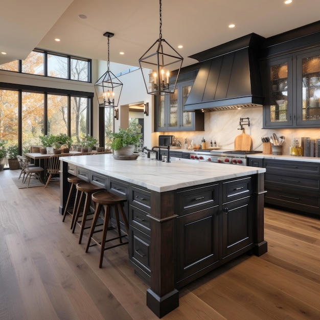 a kitchen with a large island and a large island with a large window.