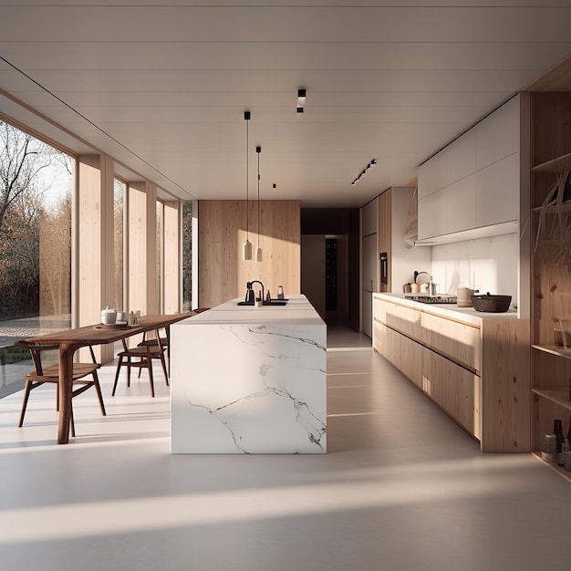 A kitchen with a large island in the middle of it