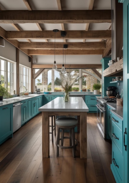 A kitchen with a large island with a blue kitchen island and a wooden beam ceiling.