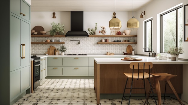 A kitchen with a large island with a fridge and a fridge.