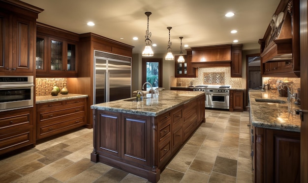 A kitchen with a large island with a large island and a large center island with a large center island.