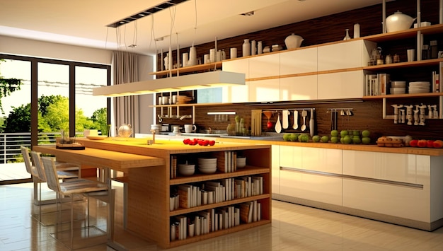 Photo a kitchen with a large island with a shelf that says'kitchen'on it