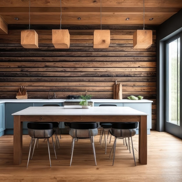 A kitchen with a large island with a sink and a counter with two chairs